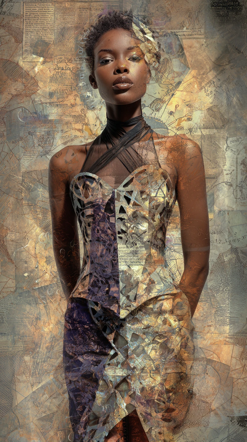 Surreal mixed media portrait of an elegant couture clad woman