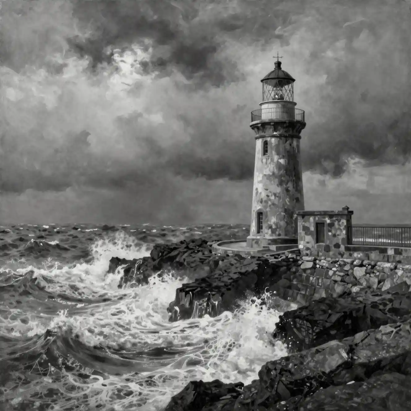 Oil painting of lighthouse over stormy sea and rocky coast