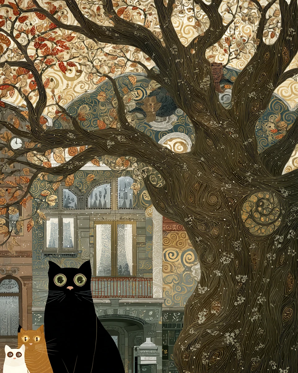 Decorative autumn tree with big eyed cats and brownstone