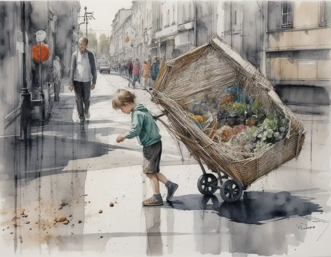 Cena de rua em aquarela com criança empurrando carrinho pesado