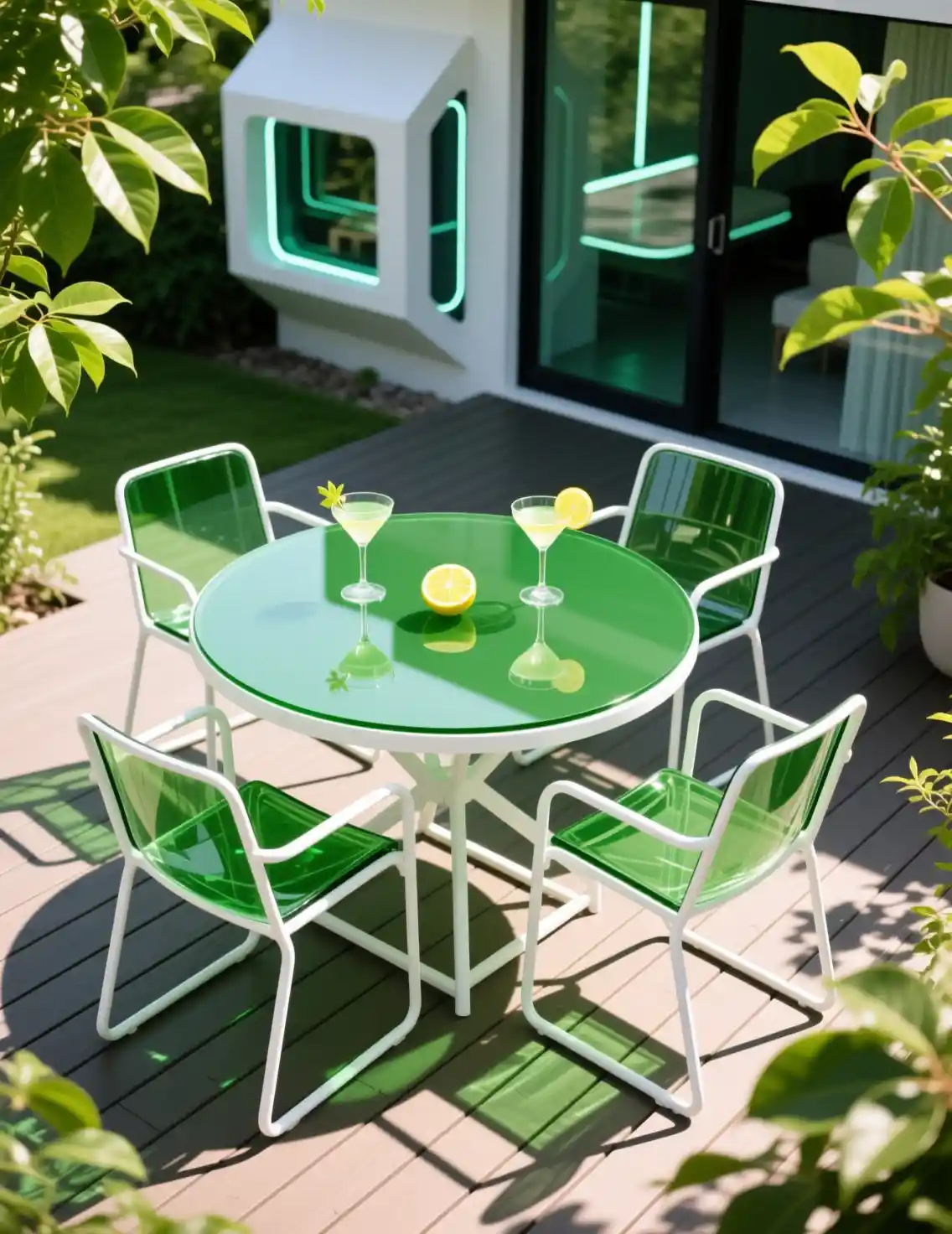 Modern green outdoor dining table on sunny house deck