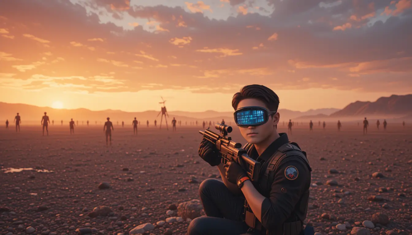 Sniper at high tech gravel range at sunset