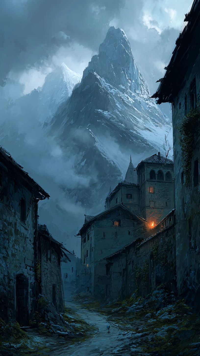 Medieval village beneath looming alpine peaks in stormy sky