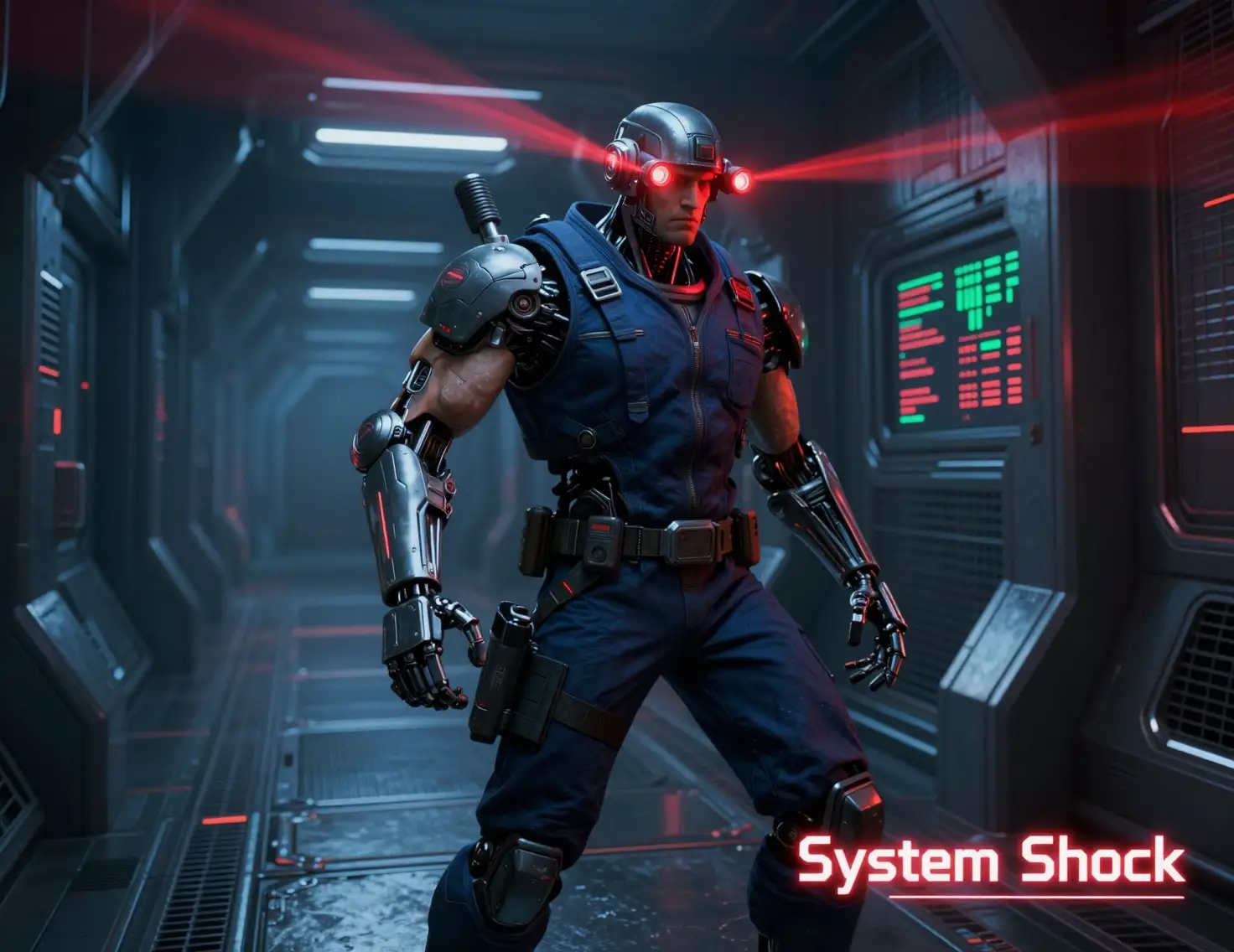 Cyborg-Wache zielt mit einer Neon-Pistole in einem Sci-Fi-Korridor