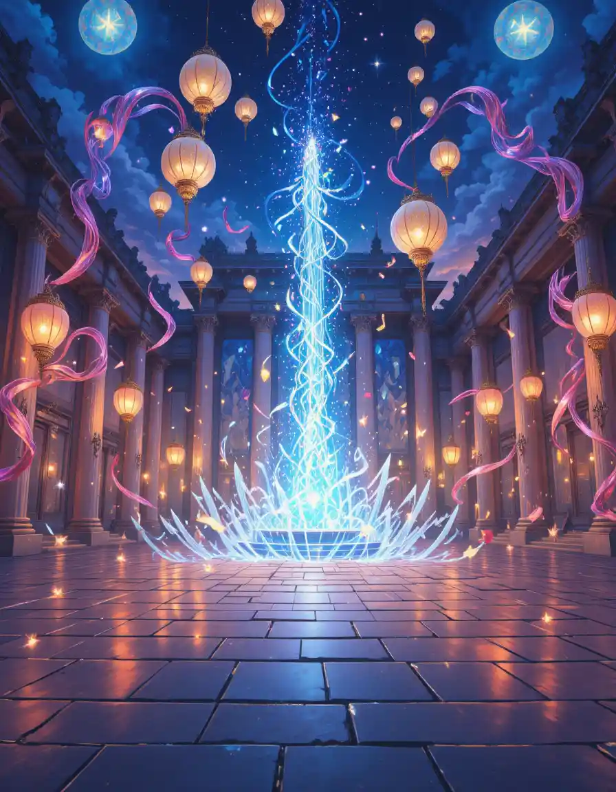 Magical Lanterns Above An Ancient Stone Fantasy Plaza