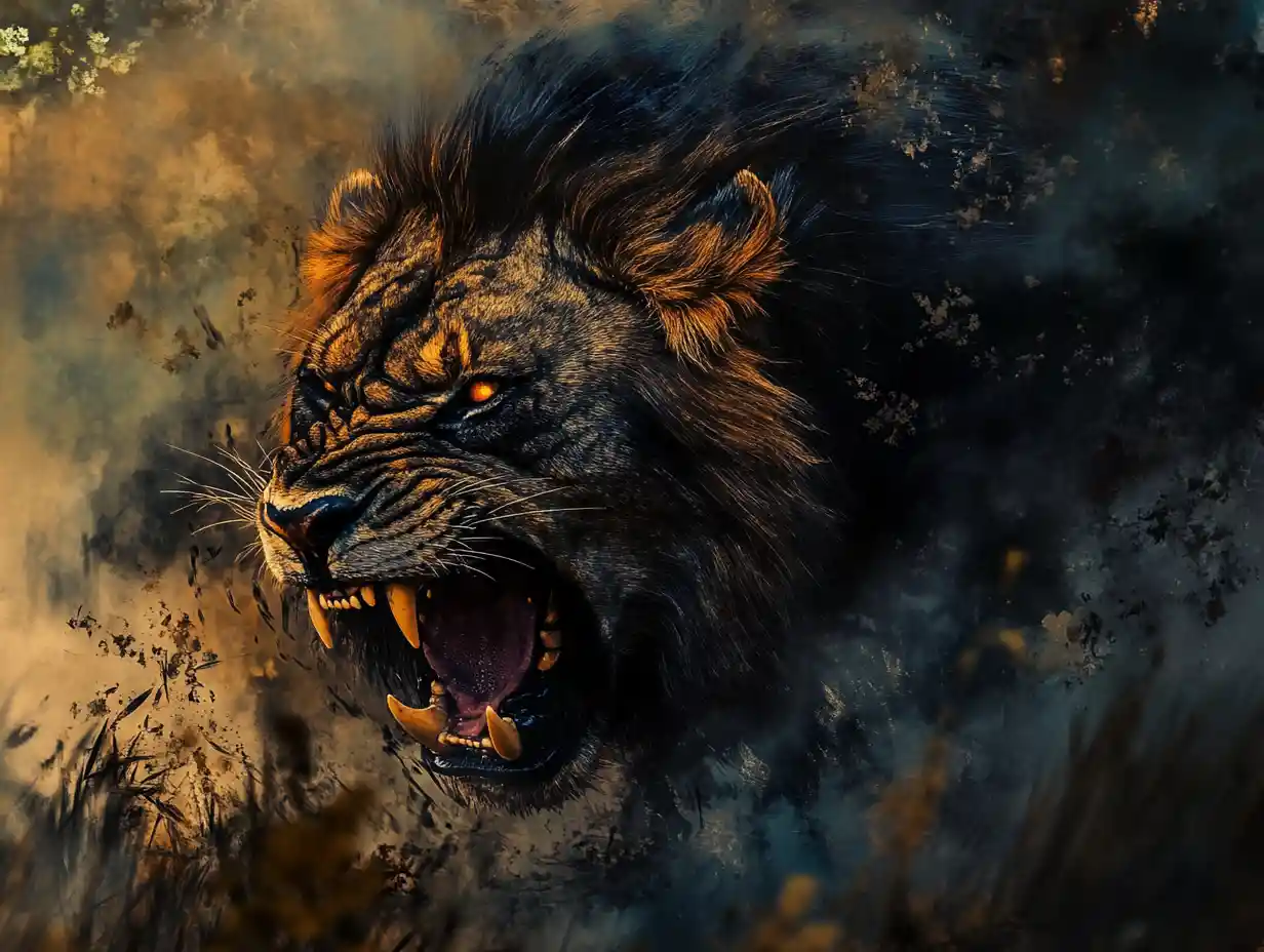 Lion on the hunt with sinister possessed expression