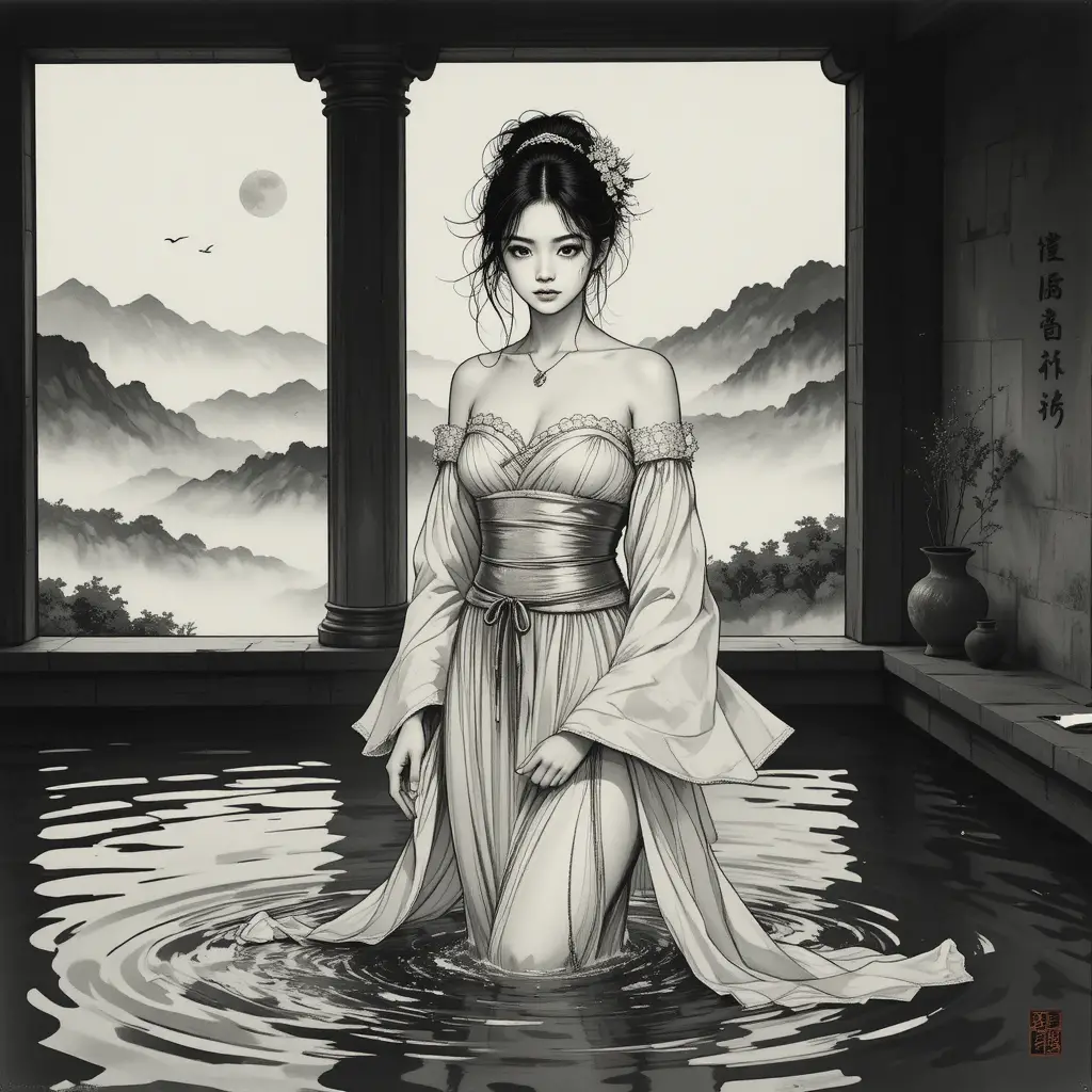 Ink painting of a young courtesan in a misty bathhouse