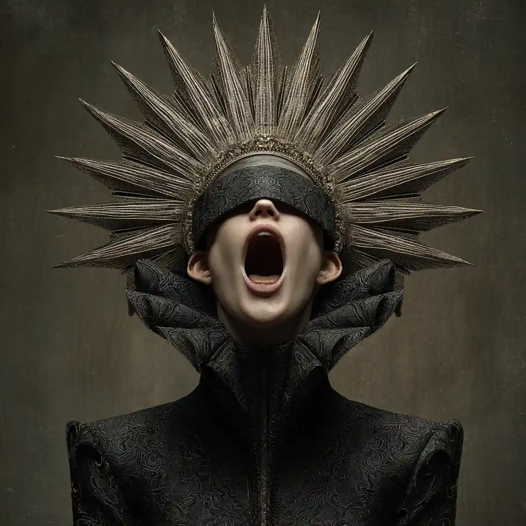 Surreal close up woman screaming in dramatic abstract background