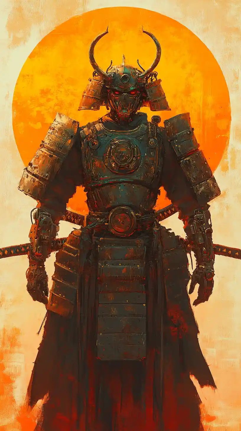 Mechanischer Samurai-Wächter vor einem glühenden Sonnenuntergang