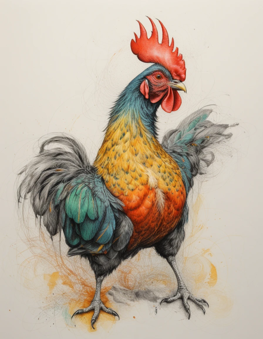 Gallo malinconico che cammina fiero in illustrazione a inchiostro