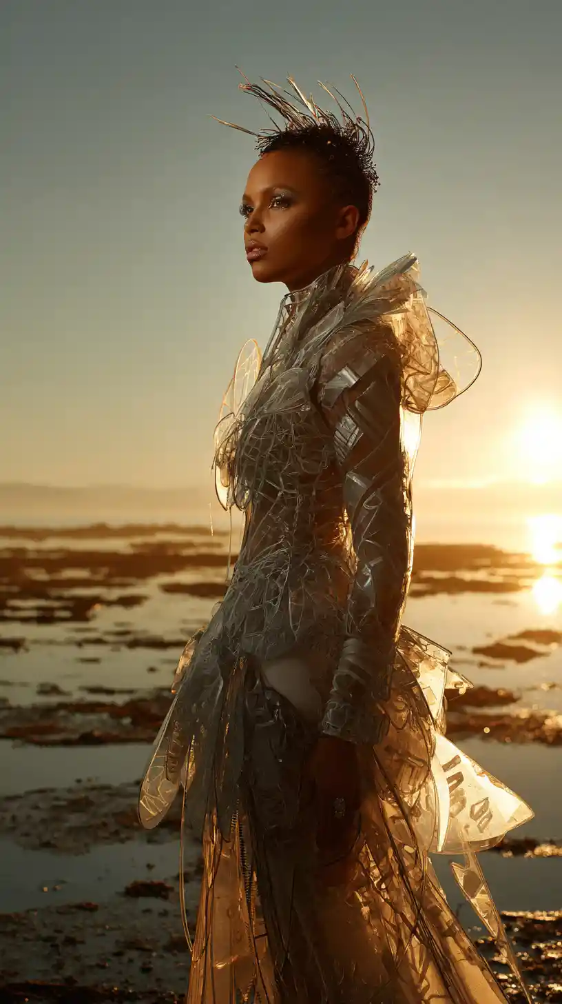 Futuristic couture woman in a tidal pool at golden hour