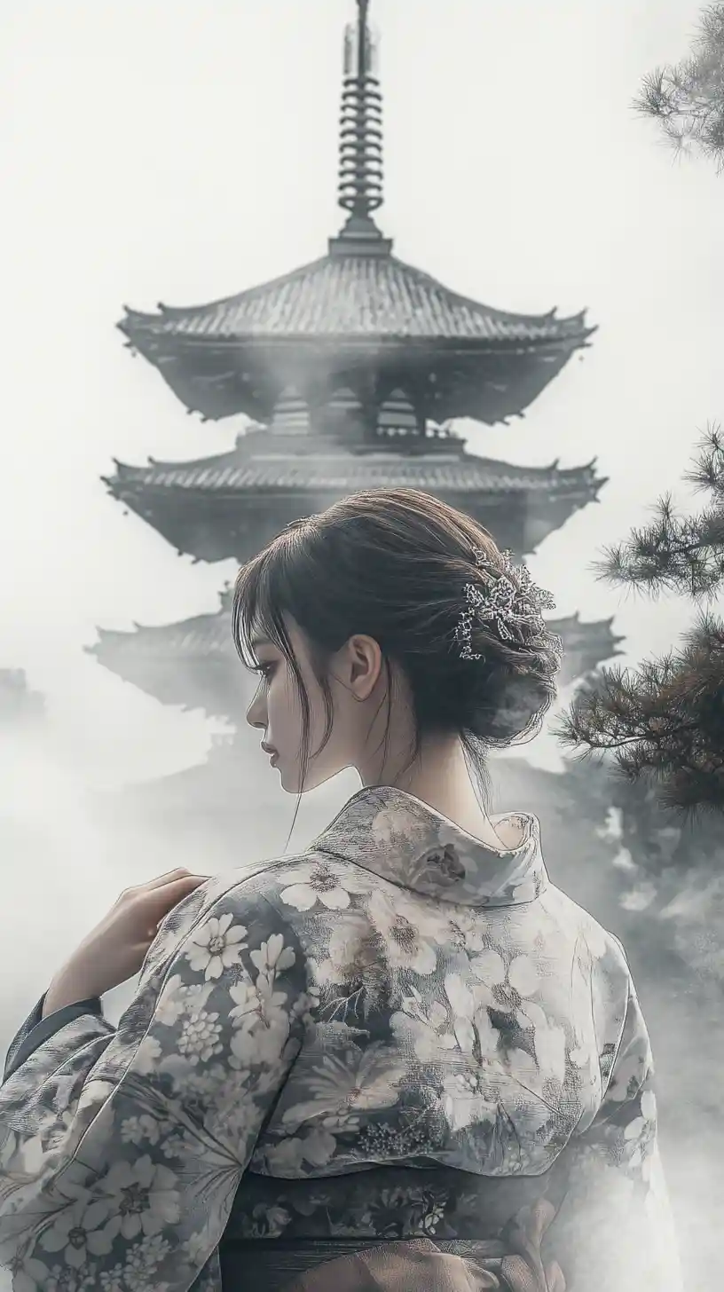 Frau im Kimono vor nebliger Pagode im Monochrom-Stil