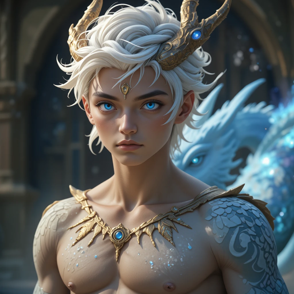 Young blue eyed dragon man in a fantasy universe