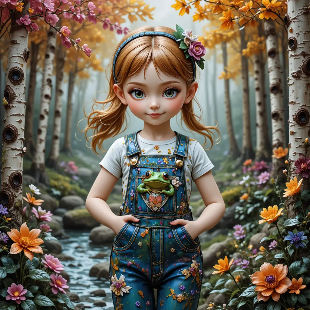 Whimsical glass portrait of a mischievous girl with frog