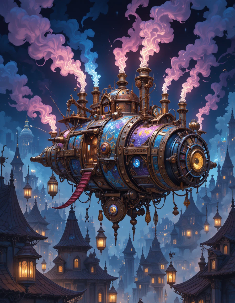 Dirigibile steampunk che vola attraverso una città fluttuante luminosa