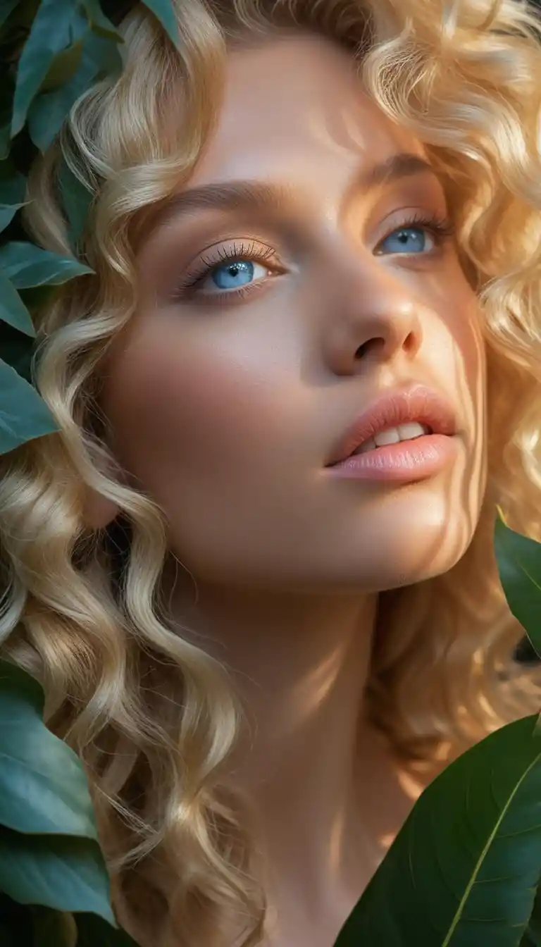 Retrato de mujer rubia en luz tropical moteada