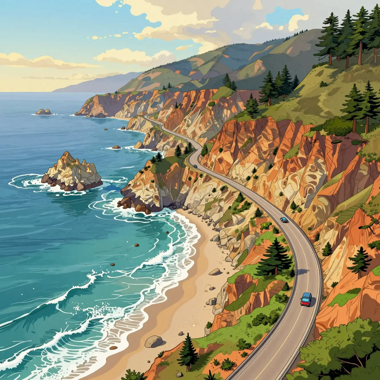 Cartoon aerial view of Big Sur coastal highway