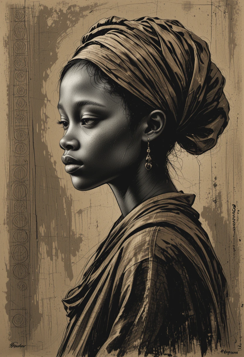 Sepia portrait of african girl in traditional headscarf