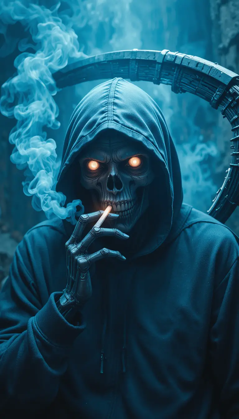 Mechanical grim reaper in hoodie with cigarette and scythe