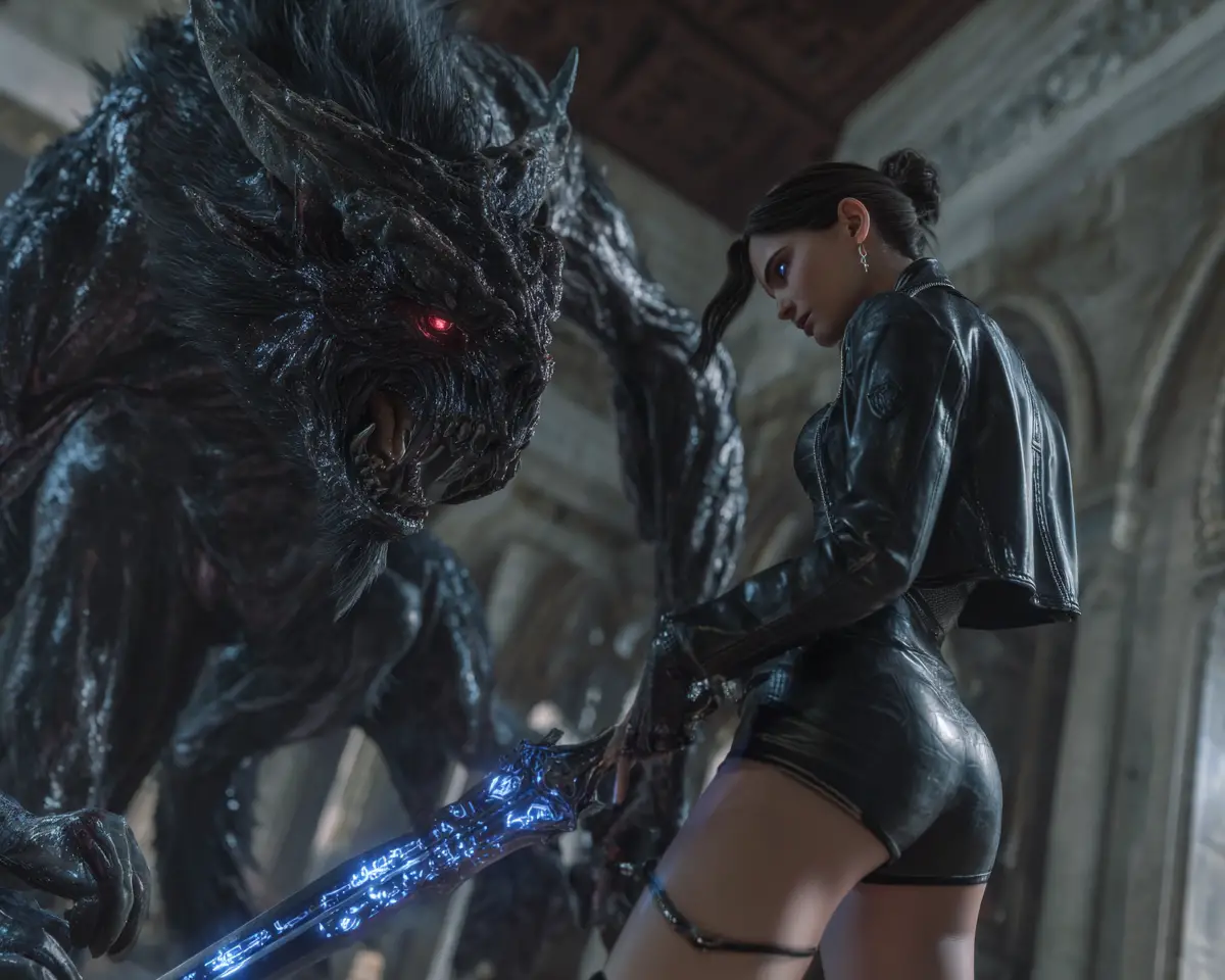 Warrior woman battling a shadow demon in gothic hall