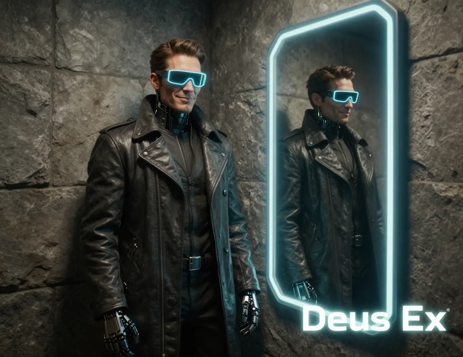 Cyborg detective reflected in a neon sci fi mirror