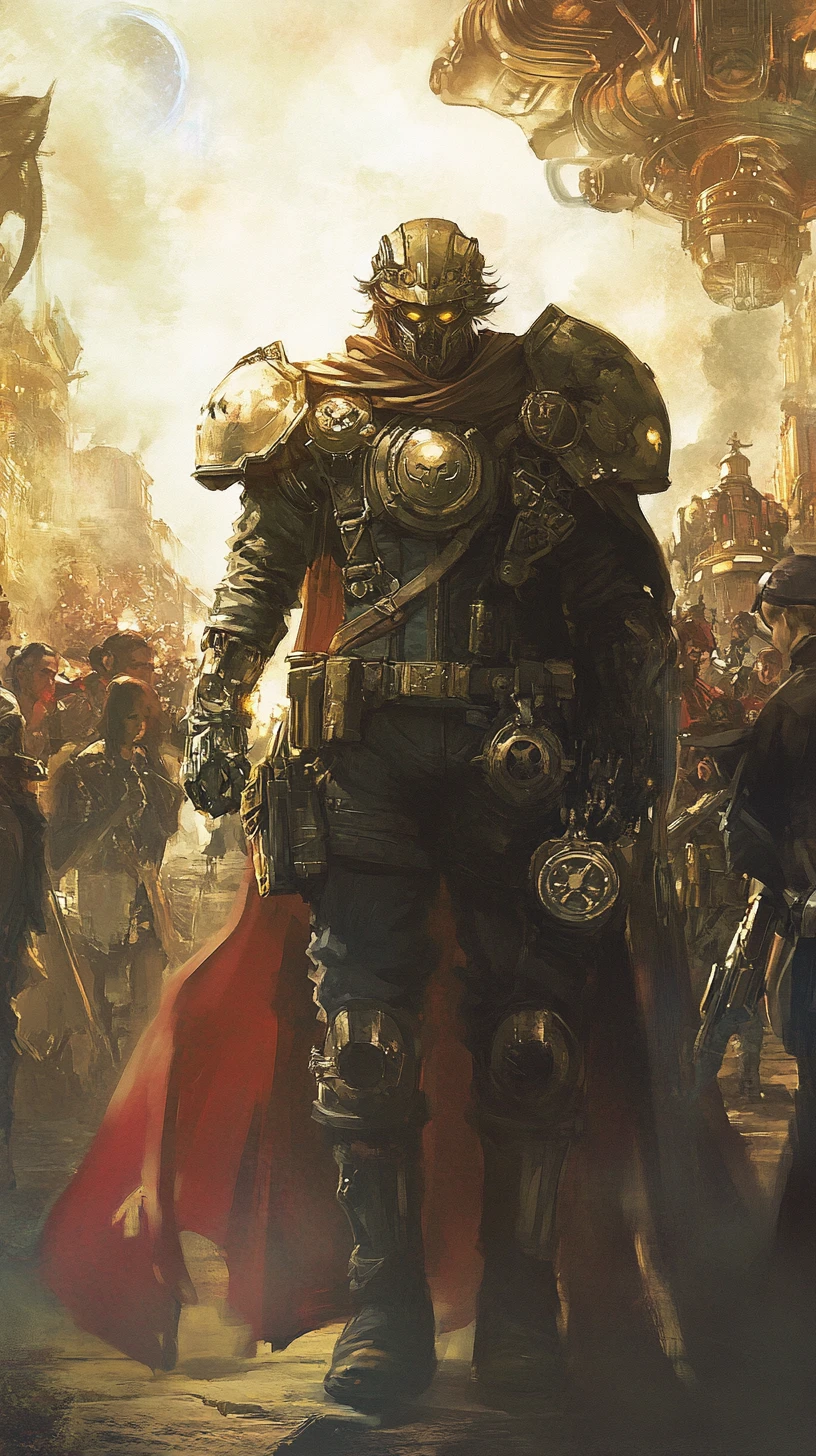 Guerrieri fantasy steampunk in armatura meccanica sotto una luce soffusa