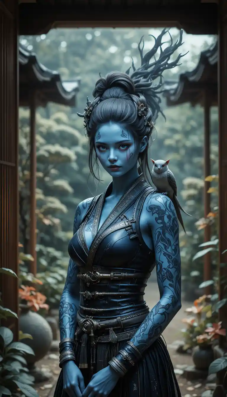 Stille Samurai-Frau mit blauer Haut in einem japanischen Garten