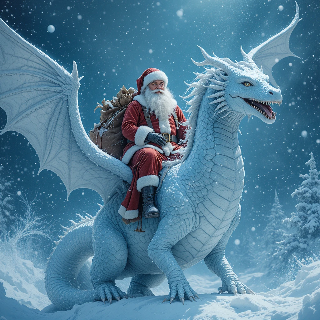 Papá Noel montando un dragón de nieve en medio de una tormenta invernal