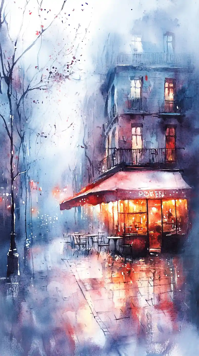 Small cafe in a glowing watercolor city at night