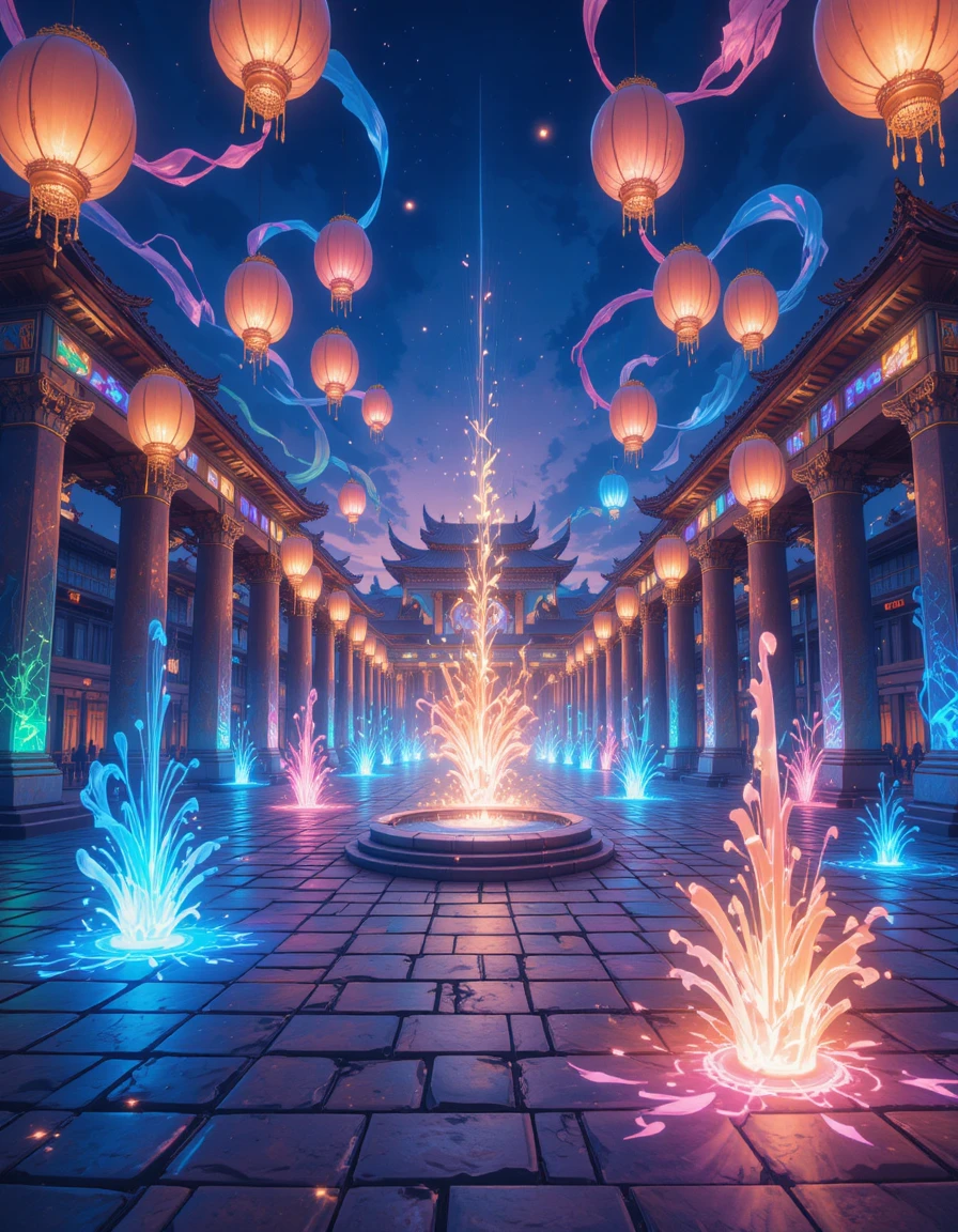 Lanterne magiche sopra un'antica piazza di pietra fantasy
