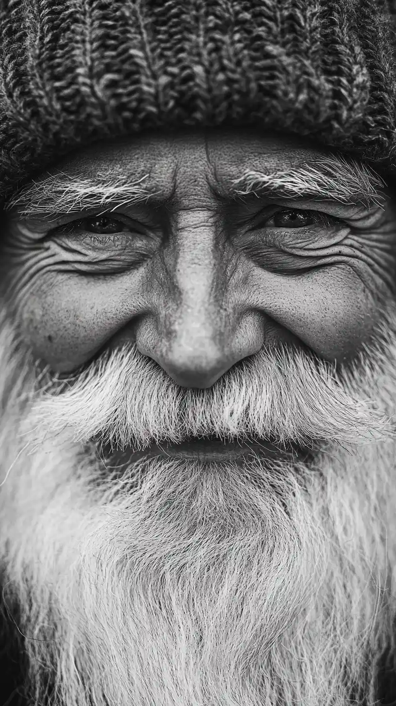 Smiling elderly man with long white beard in close up