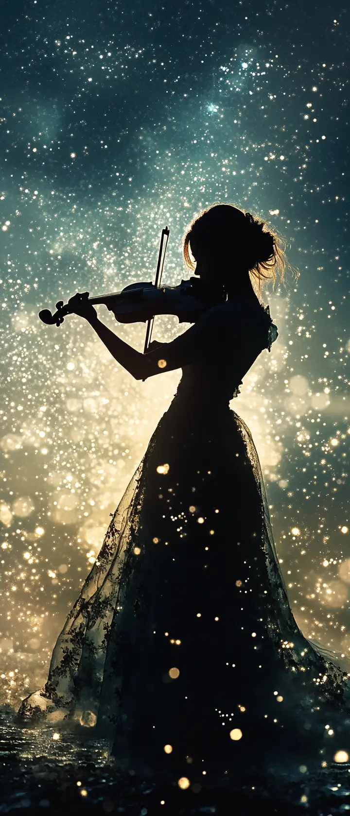 Japanese girl playing violin under a magical starry sky