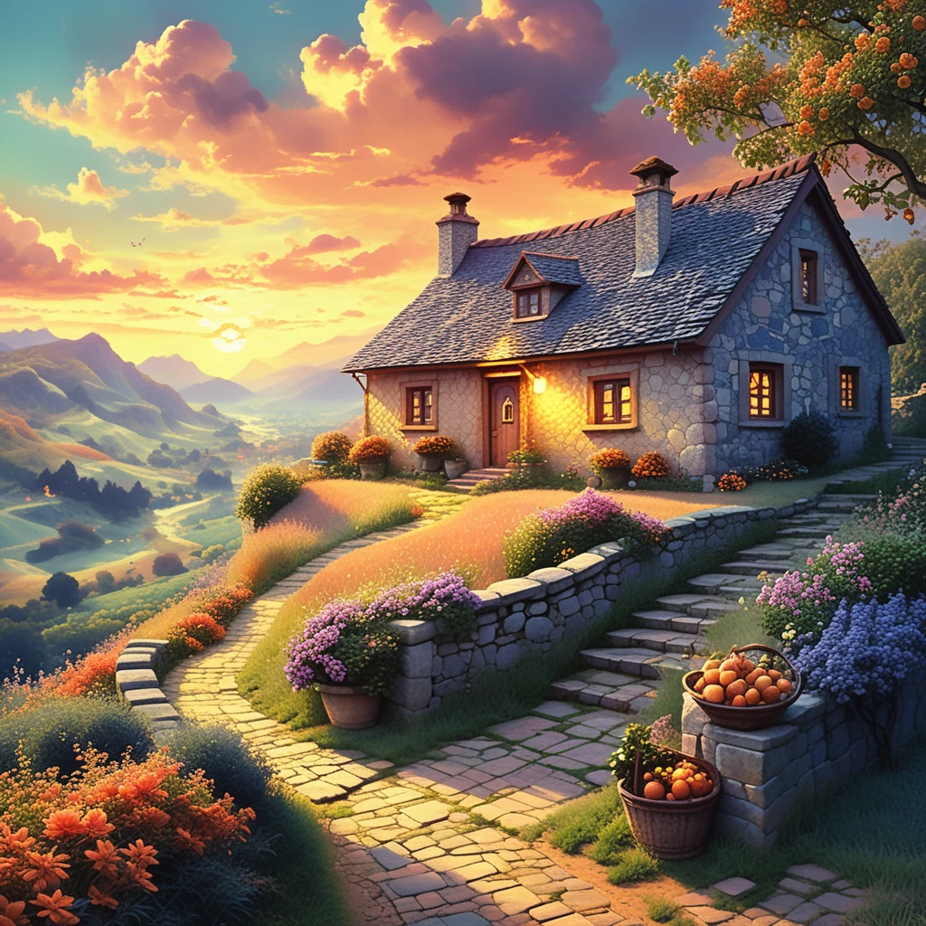 Romantisches Cottage an einem gewundenen Pfad bei Sonnenuntergang