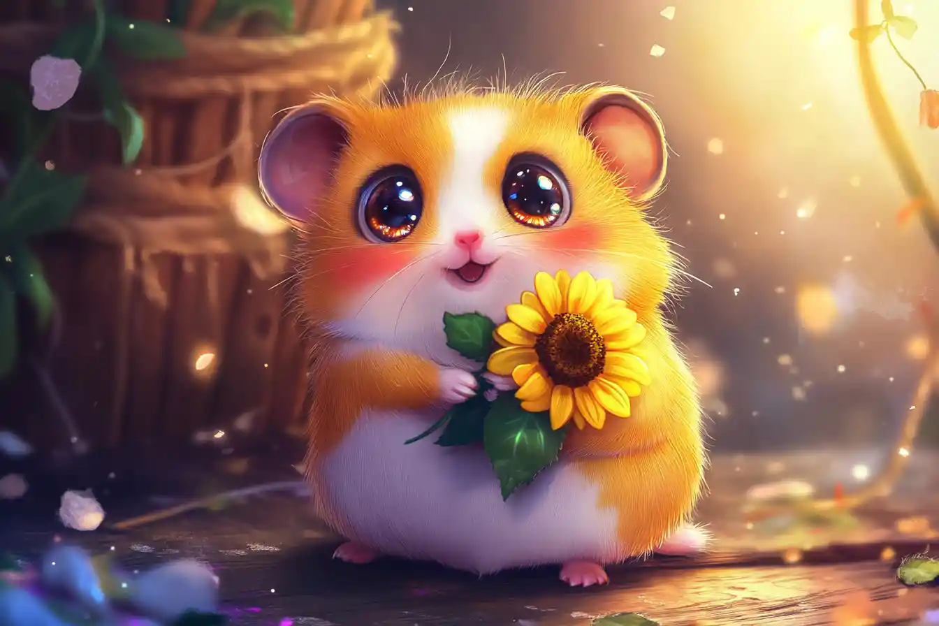 小さなヒマワリの花束を抱えたかわいいジャンガリアンハムスター