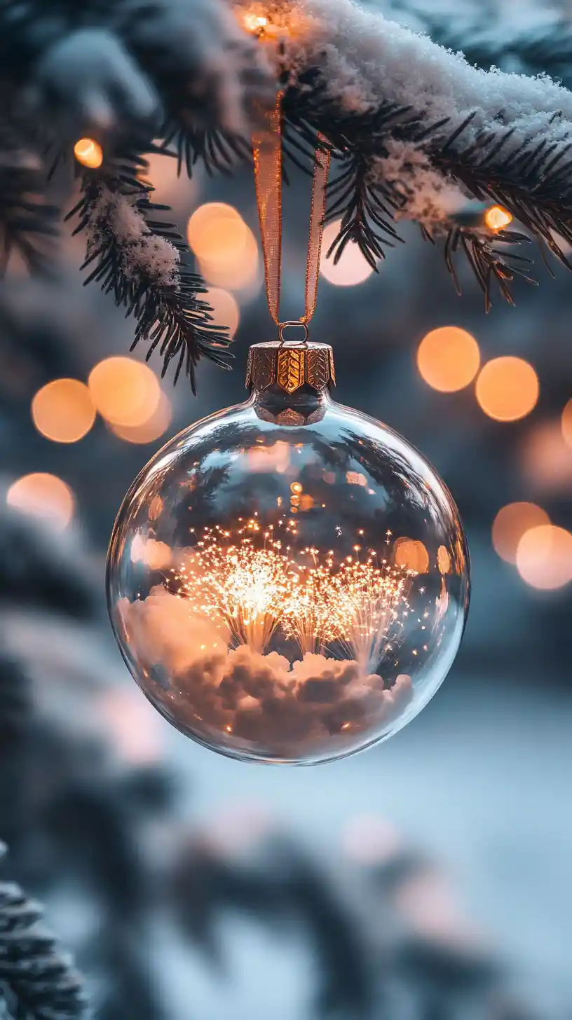 ガラスのクリスマスボールに映るドバイの花火