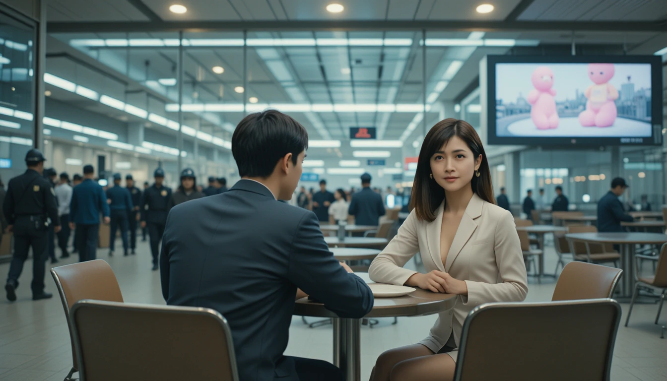 Suspicious meeting at a table in a busy airport