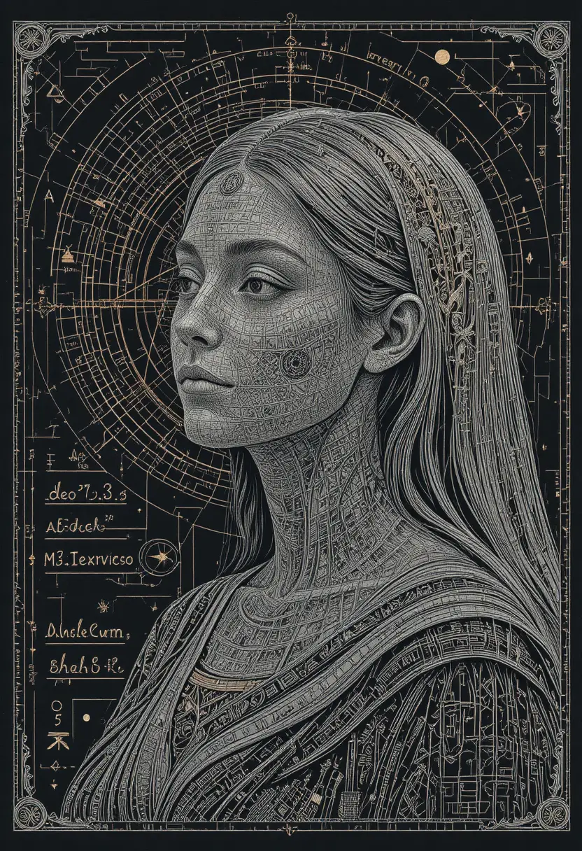 Intricate scratchboard portrait of a woman with mathematical diagrams