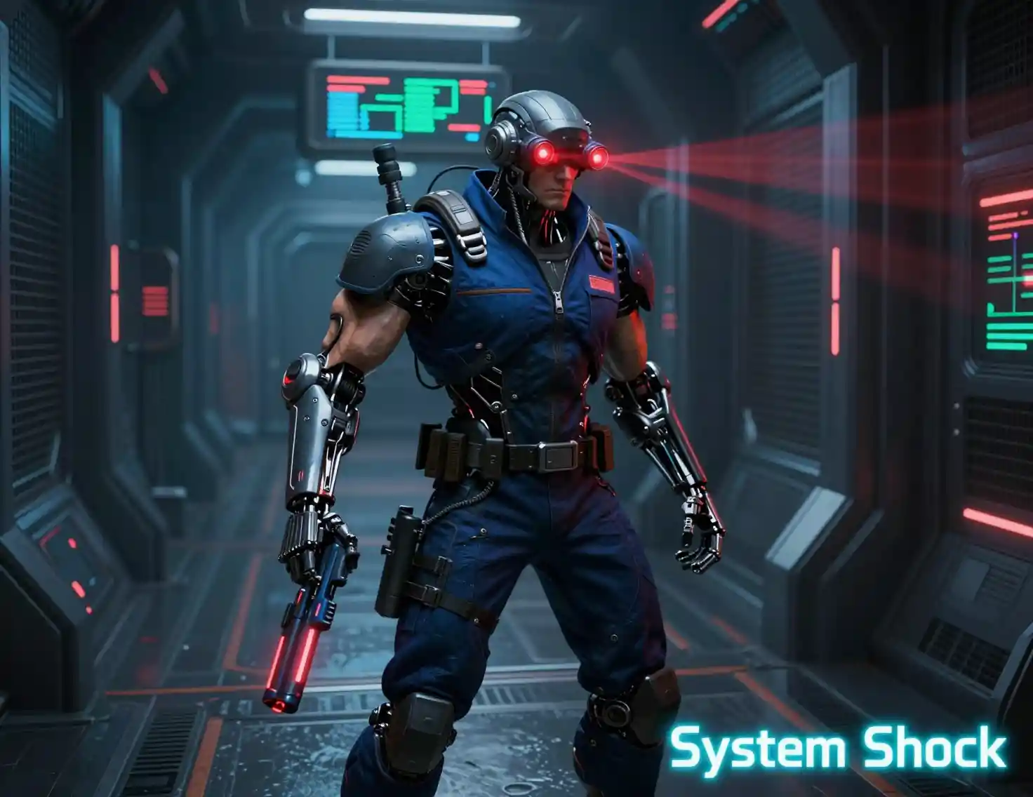 Garde cyborg visant un pistolet néon dans un couloir de science-fiction