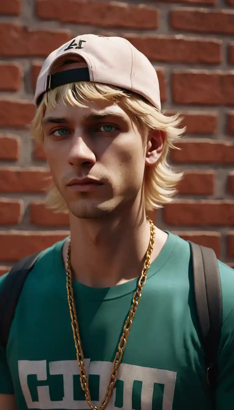 Cinematic close up of blonde skater by brick wall