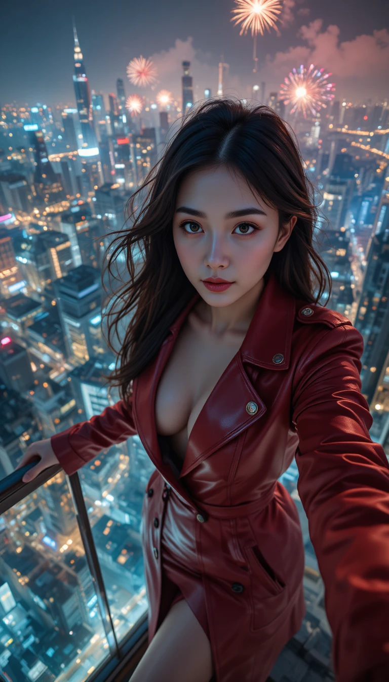 Korean agent taking a rooftop selfie over city fireworks