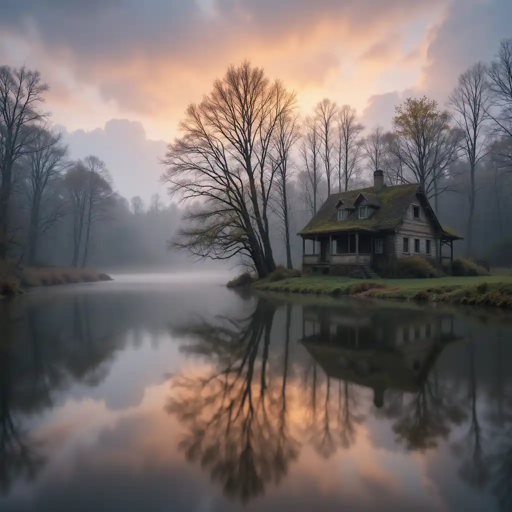 Silky Forest River At Sunset Beside An Abandoned House