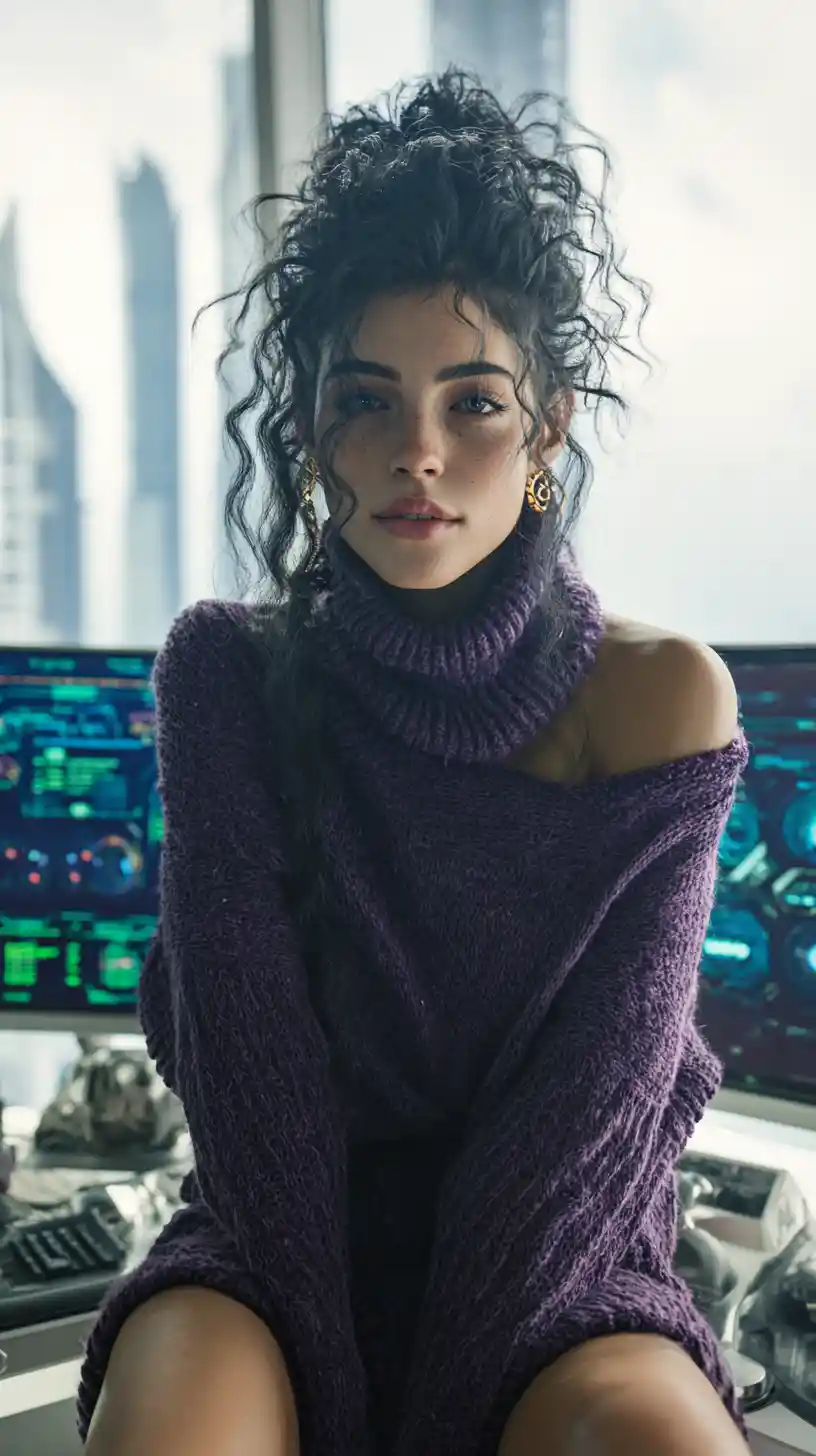 Primo piano di donna messicana a una postazione d’ufficio cyberpunk