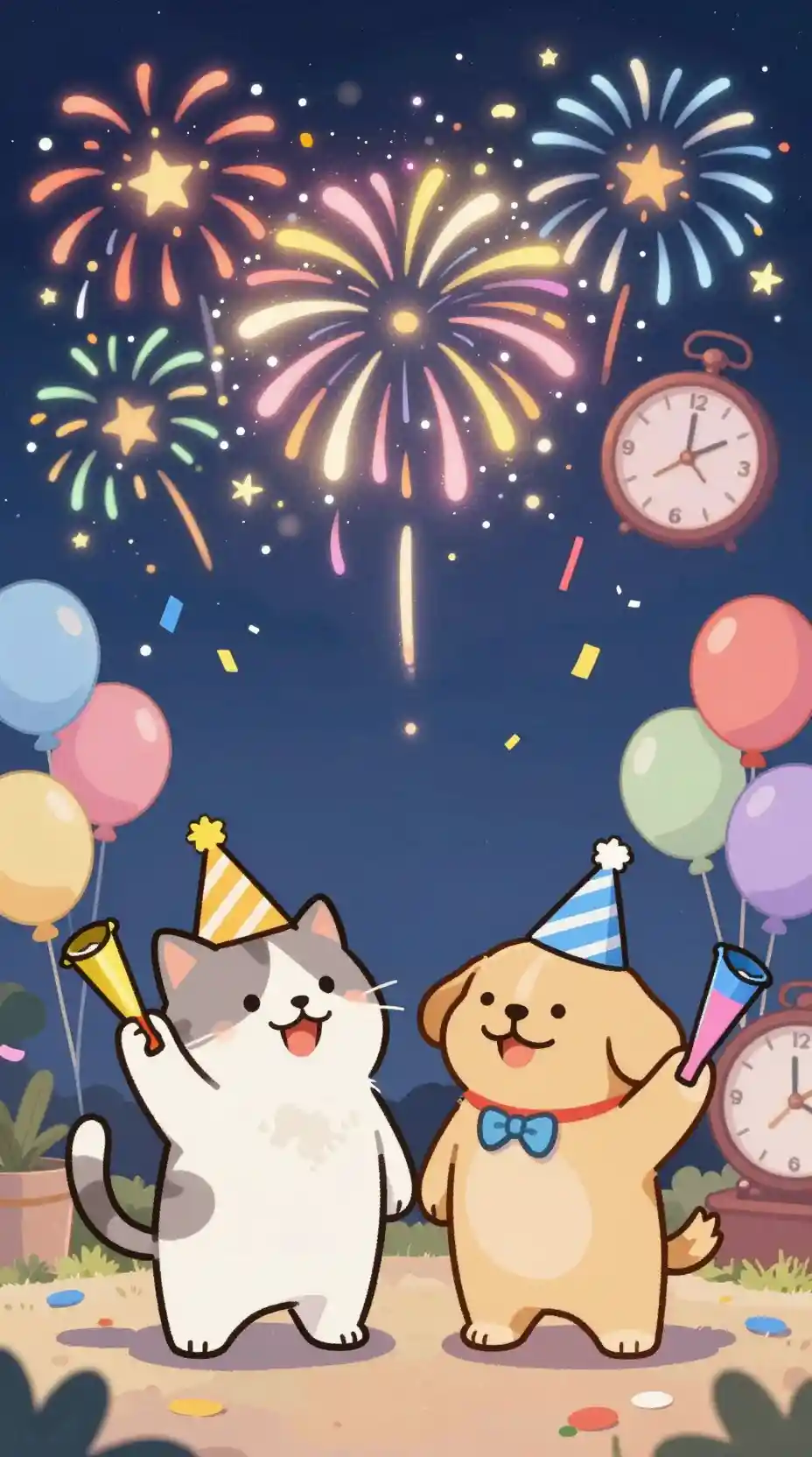 Happy cat and dog watching colorful new year fireworks