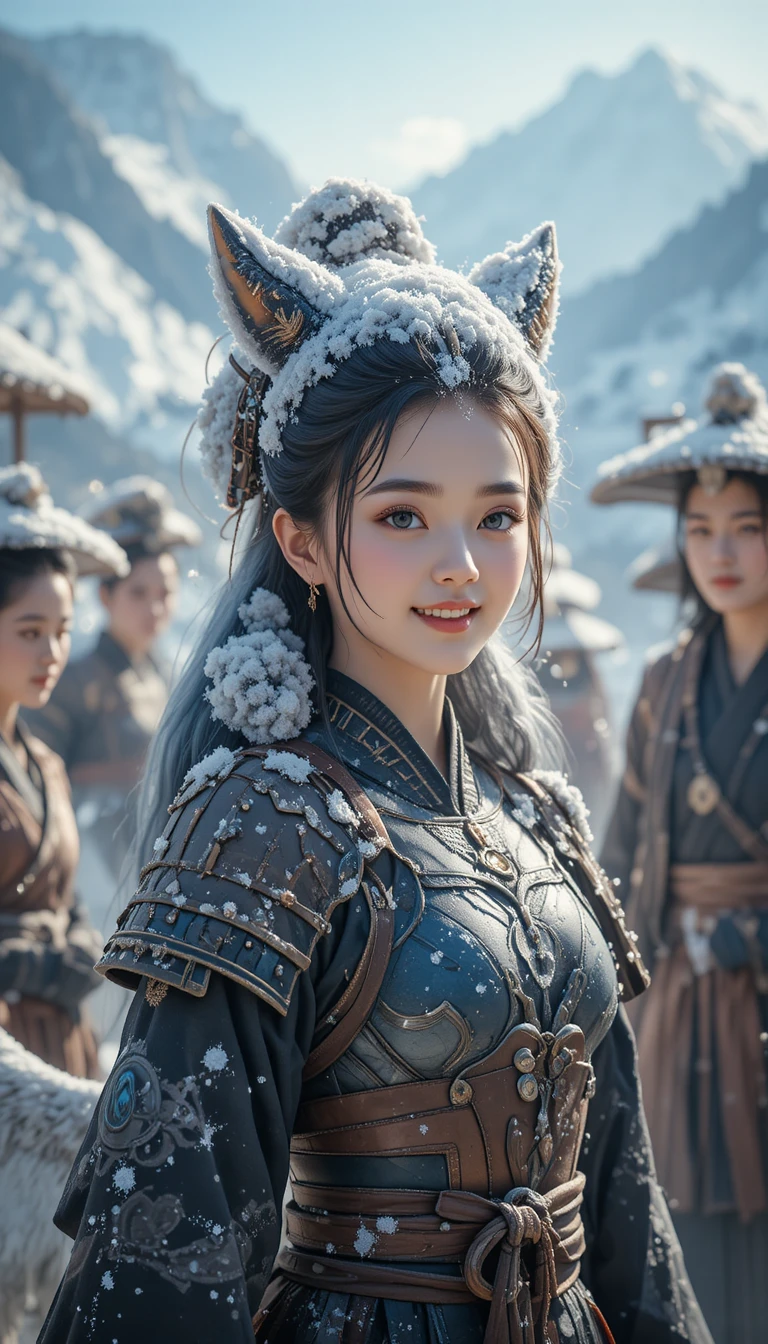Smiling blue eyed samurai heiress among loyal friends