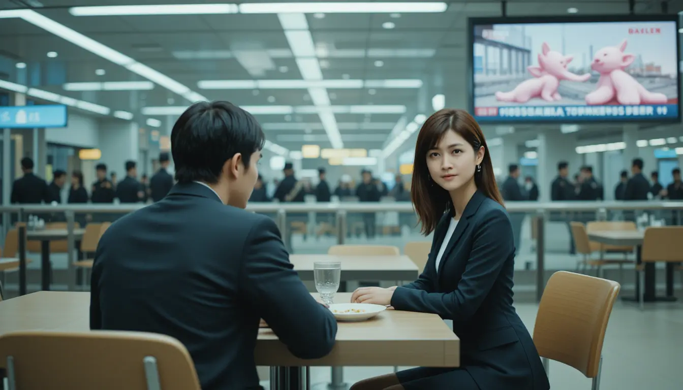 Man and woman talk at tense airport dining table