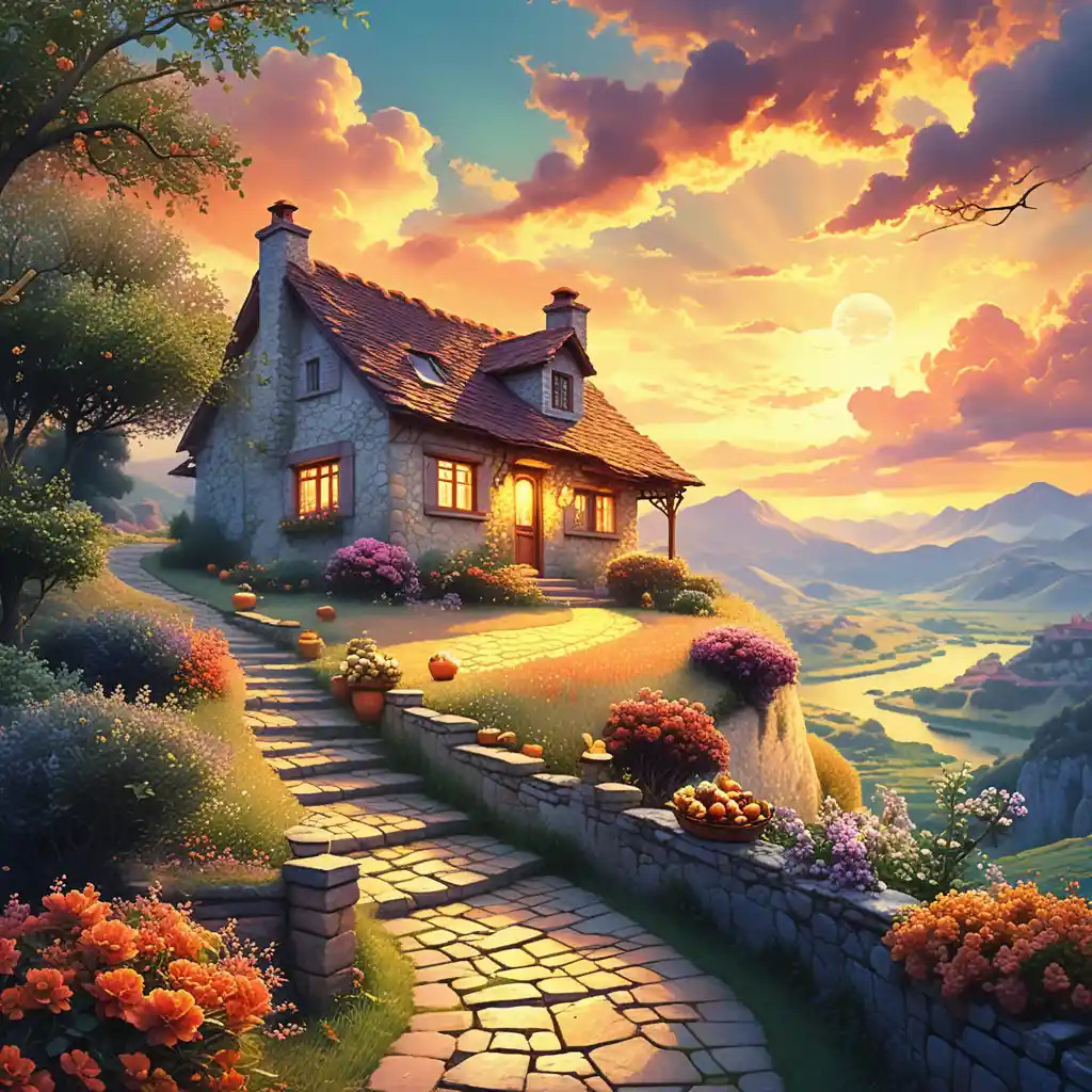 Romantic countryside cottage at sunset with glowing windows