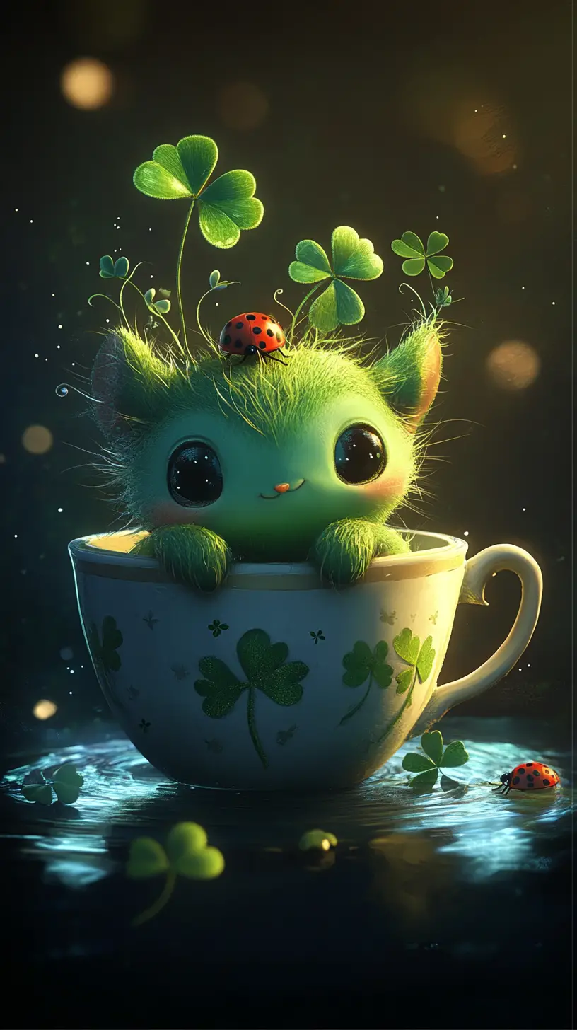 Cute green cartoon creature sitting in a teacup