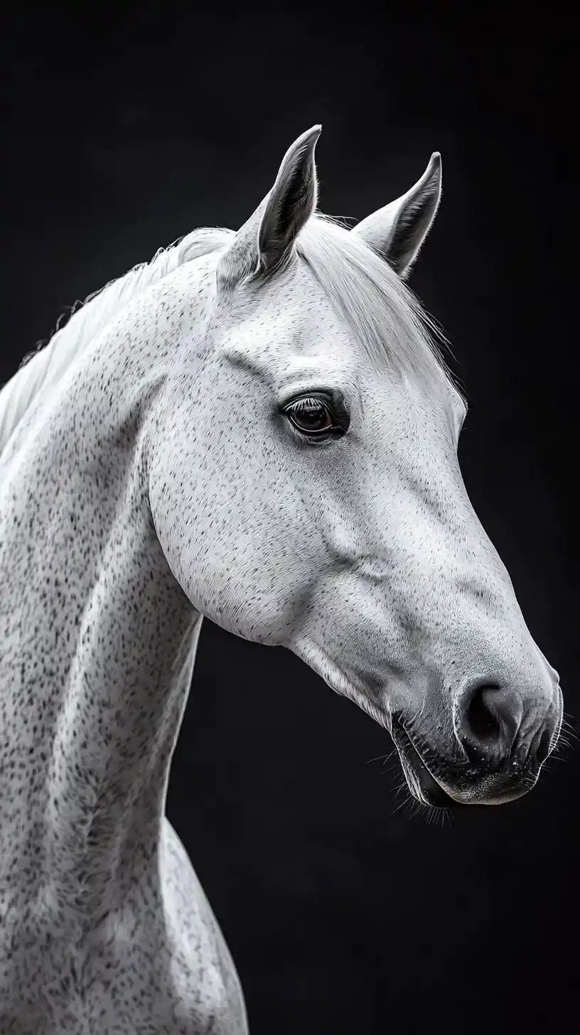 White arabian horse portrait in charcoal on black paper