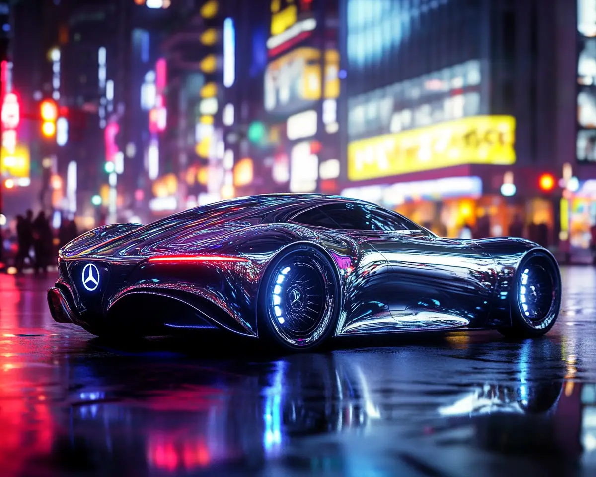 Luxury car on neon lit city street at night