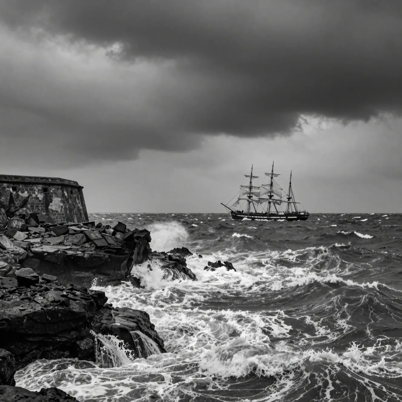 Historic sailing ship on stormy sea by rocky coastline